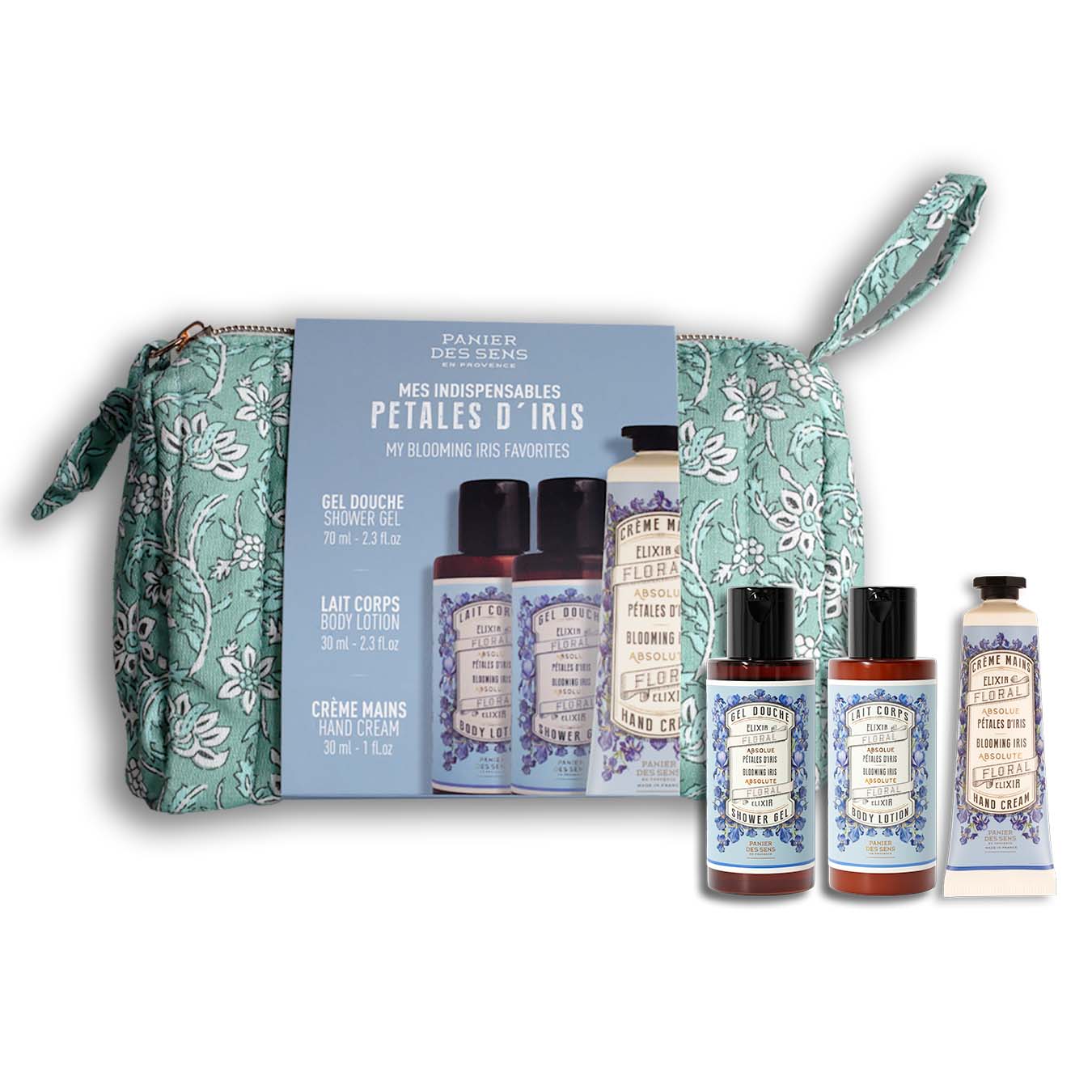 panier-des-sens-trousse-weekend-p-tales-d-iris-gel-douche-lait-corps-cr-me-mains image 1